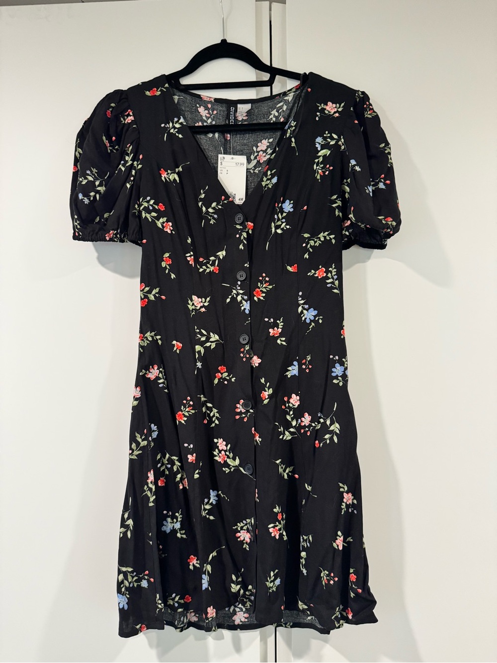 H&M Black Mini Dress with Red, Pink & Blue Floral Print
